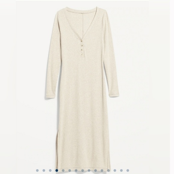 Old Navy Fitted Long-Sleeve Heathered Rib-Knit Henley Midi Dress Heather Biege - Picture 3 of 11